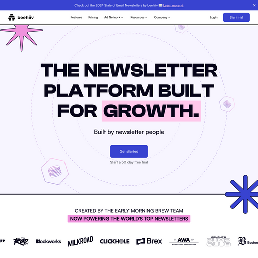 beehiiv.com homepage in Mar 2024