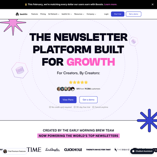beehiiv.com homepage in Feb 2025