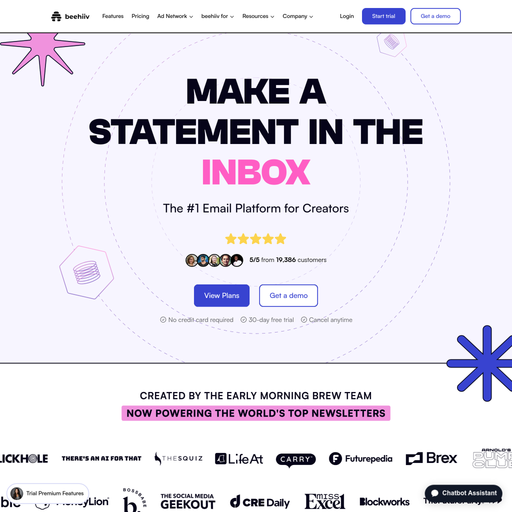 beehiiv.com homepage in Mar 2025