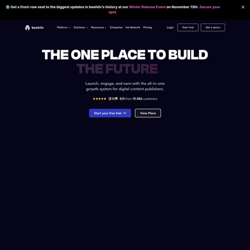 beehiiv.com homepage in Nov 2025