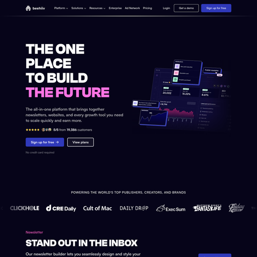 beehiiv.com homepage in Jan 2026