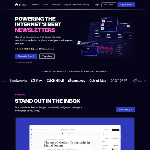 beehiiv.com homepage in Feb 2026