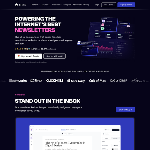 beehiiv.com homepage in Mar 2026
