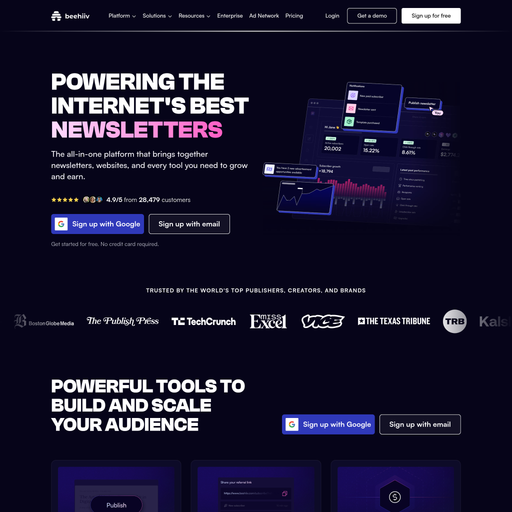 beehiiv.com homepage in May 2026