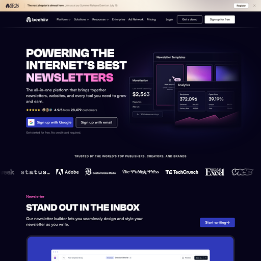 beehiiv.com homepage in July 2026
