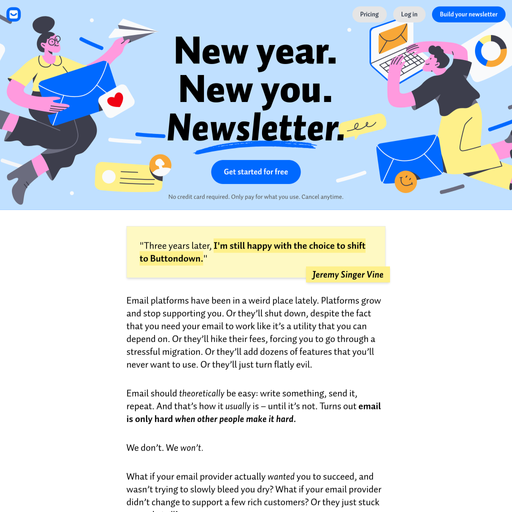 buttondown.com homepage in Jan 2025