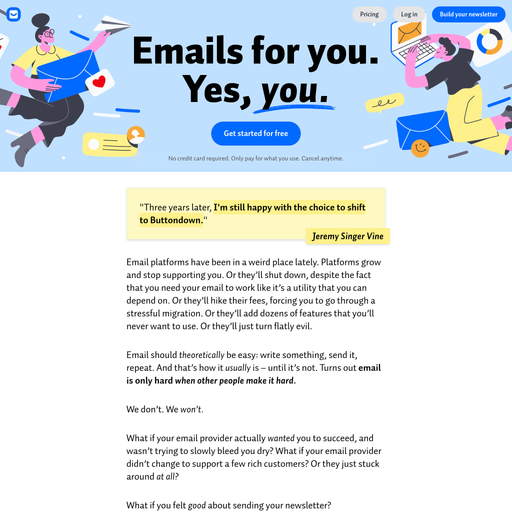 buttondown.com homepage in Feb 2025