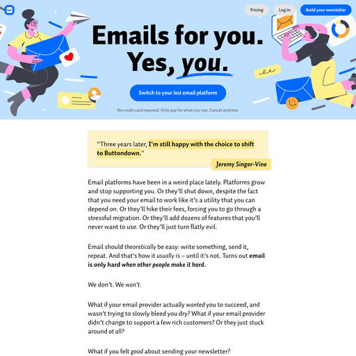buttondown.com homepage in Mar 2025