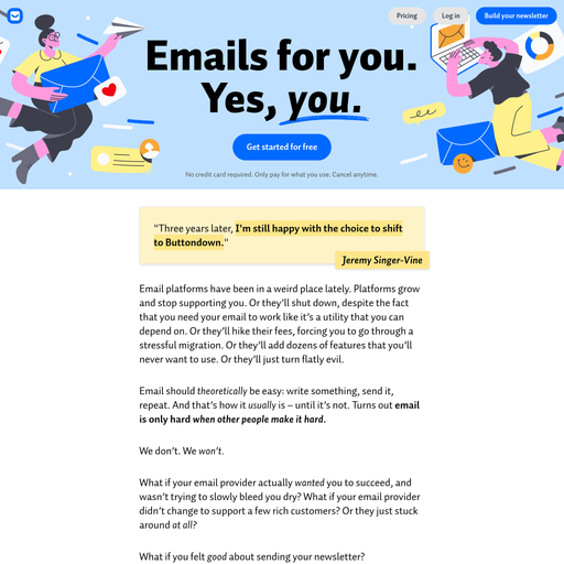 buttondown.com homepage in Jun 2025