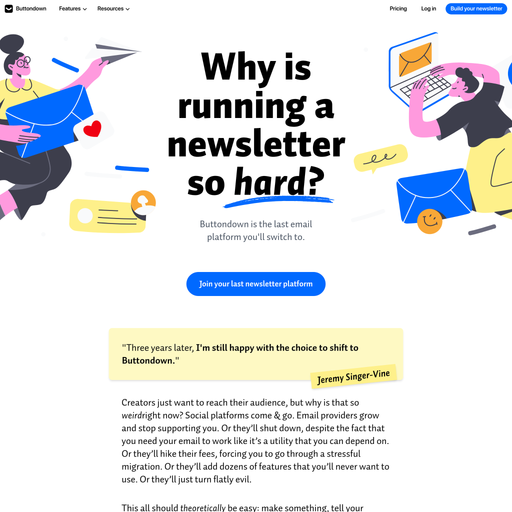 buttondown.com homepage in July 2026