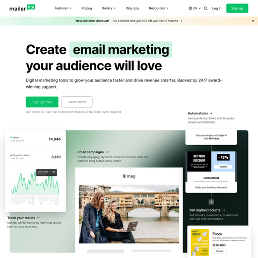 mailerlite.com homepage in Sep 2024