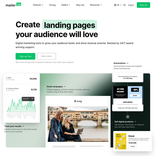 mailerlite.com homepage in Oct 2024