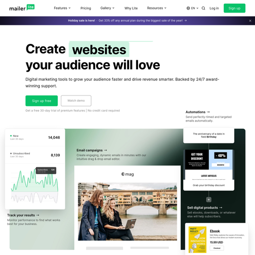 mailerlite.com homepage in Dec 2024