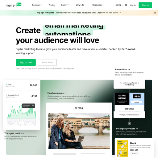 mailerlite.com homepage in Mar 2025