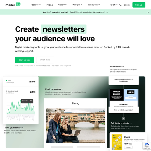 mailerlite.com homepage in Dec 2025