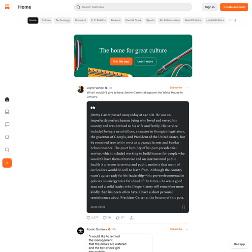 substack.com homepage in Jan 2025