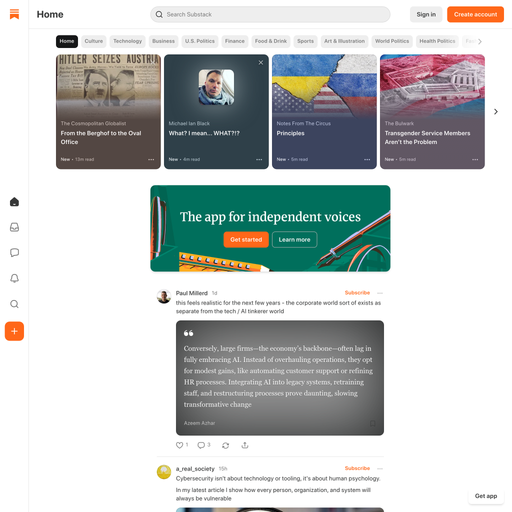substack.com homepage in Mar 2025