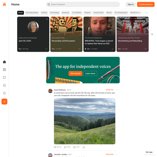substack.com homepage in May 2025