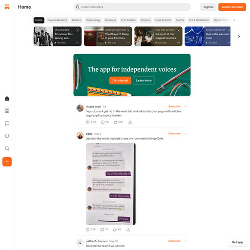 substack.com homepage in Jun 2025