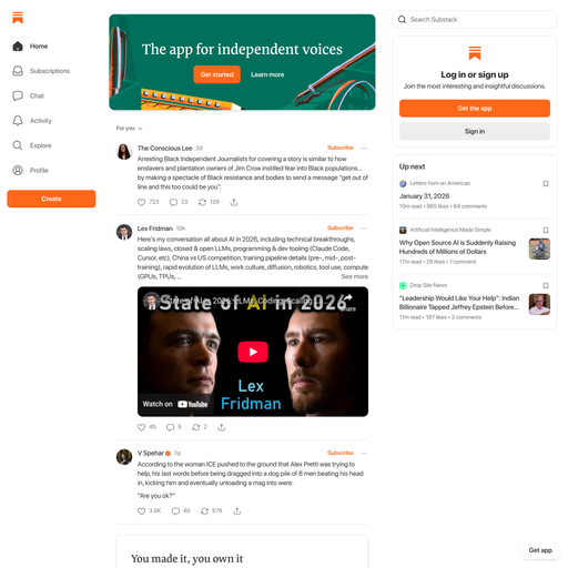 substack.com homepage in Feb 2026