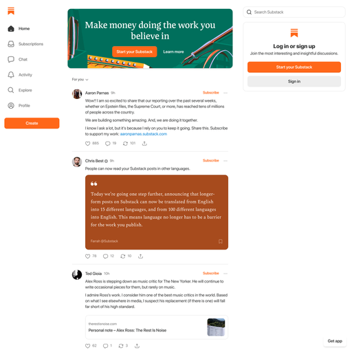 substack.com homepage in July 2026